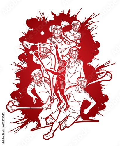 Group of Hurling sport players action. Irish Hurley sport cartoon graphic vector.