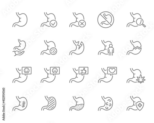 Set of stomach line icon. Internal organ, gastrointestinal tract illness, healthy diagnosis, treatment and more.