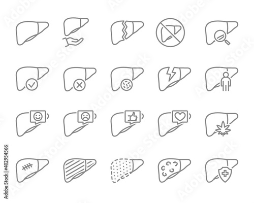 Set of liver line icon. Internal organ, digestive organ illness, healthy diagnosis, disease prevention and more.