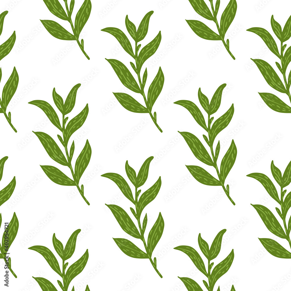 Fototapeta premium Botanic seamless isolated pattern with simple green leaf branches ornament. White background.
