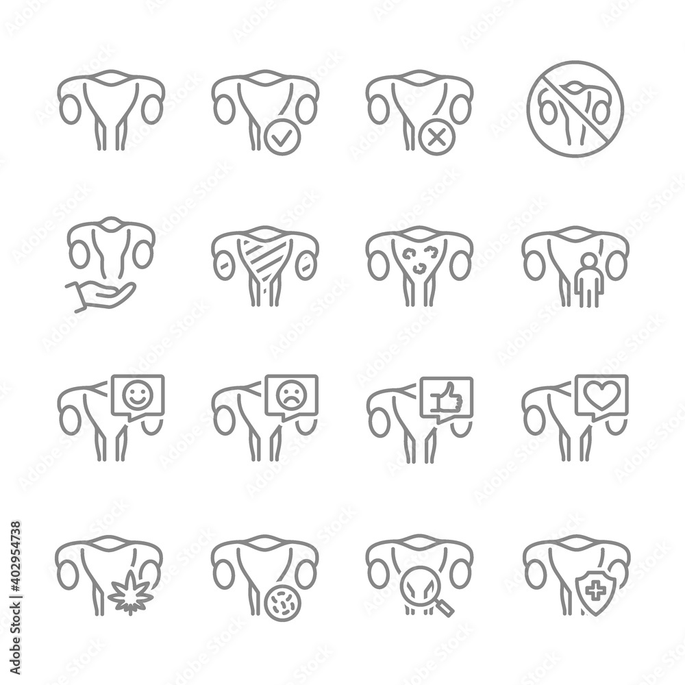 Set of woman uterus line icon. Healthy internal organ, female reproductive system illness, diagnosis, treatment and more. Set of woman uterus line icon. Healthy internal organ, female reproductive system illness, diagnosis, treatment and more.