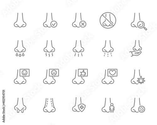 Set of human nose line icon. Healthy olfactor organ, disease of paranasal sinuses, diagnosis, treatment and more.