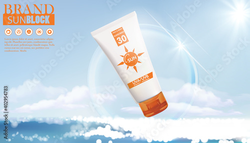 Protection cosmetic products design,sunscreen and sunbath cosmetic products design face and body lotion,moisturizer cream, liquid. Drawn elements,abstract sea bokeh blur background, vector illustratio