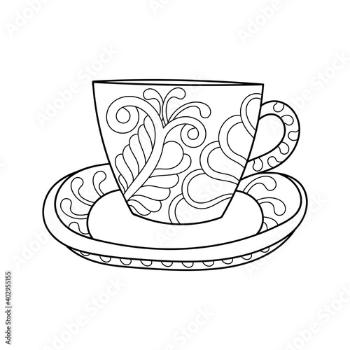 Coloring book pages. Cup of coffee or tea. Hand drawn illustration with abstract ornaments. photo