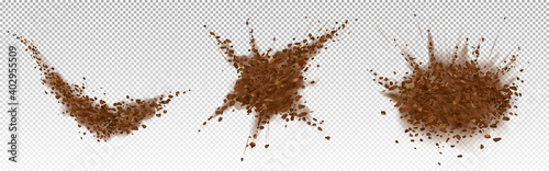 Coffee beans explosion, ground arabica powder with particles. Vector realistic illustration of shredded roasted coffee splash with grain pieces and brown dust isolated on transparent background