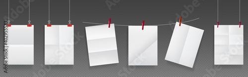 Folded posters hang on rope and pins, white paper blank sheets of wrinkled texture. Mockup for flyer, advertisement or letter with folds, crumpled torn pages, Realistic 3d vector illustration set