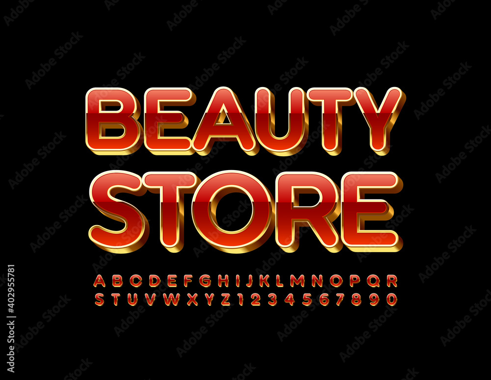 Vector stylish logo Beauty Store. 3D Red and Gold Font. Glamour Alphabet Letters and Numbers set