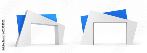3d arch of modern architecture design, abstract angular blue and white color buildings, gates construction for exterior or interior front and side view, isolated realistic vector illustration, mockup