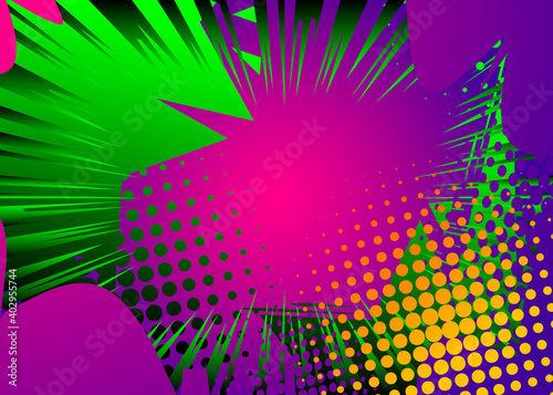Vector illustrated abstract cartoon, comic book style background template. Green and purple colored with a little yellow half tone effect.