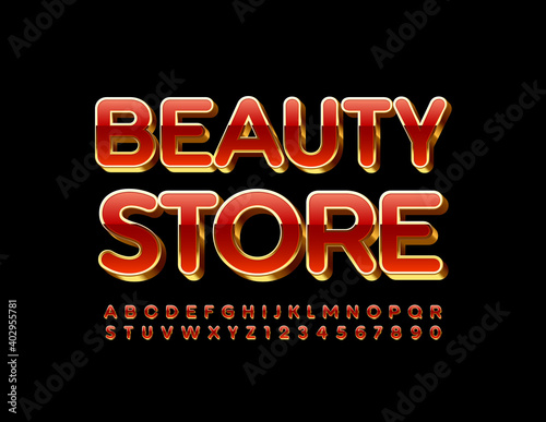 Vector stylish logo Beauty Store. 3D Red and Gold Font. Glamour Alphabet Letters and Numbers set
