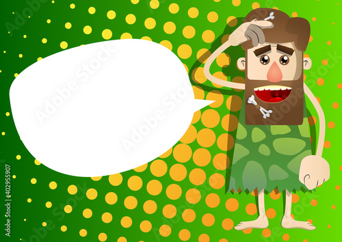 Cartoon man from a prehistoric era confused. Vector illustration of a man from the stone age scratching his head.