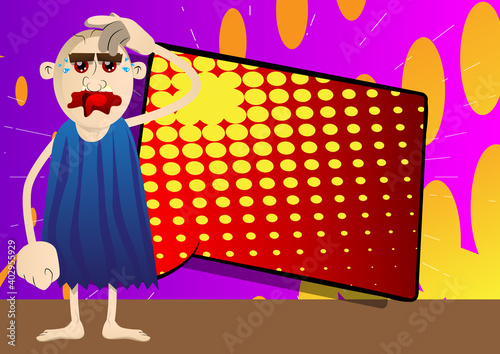 Cartoon man from a prehistoric era confused. Vector illustration of a man from the stone age scratching his head.