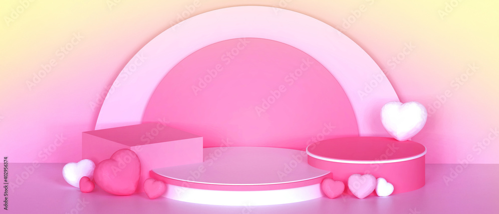 Valentine Podium love and pink Heart Geometric Shapes on Pink background With product banner and Copy Space - 3d rendering Valentine Podium love and pink Heart Geometric Shapes on Pink background With product banner and Copy Space - 3d rendering