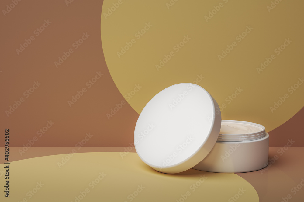 abstract white skin care cream jar on the cream backdrop , mockup for skin care product. 3d rendering abstract white skin care cream jar on the cream backdrop , mockup for skin care product. 3d rendering