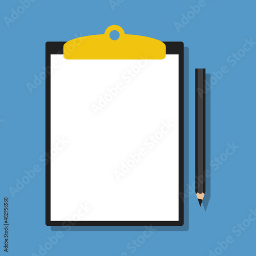 blank paper sheet in clipboard with pencil, flat vector illustration