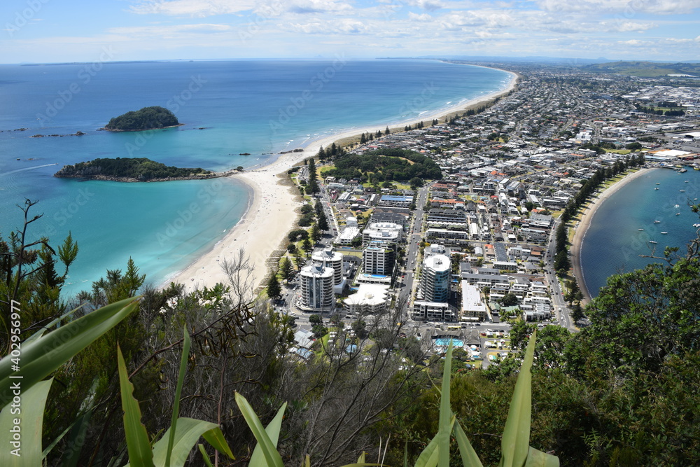 Fototapeta premium Mount Maunganui village as seen from the top of the mountain