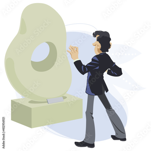 Man examines an object of art. Modern masterpiece. Illustration for internet and mobile website.