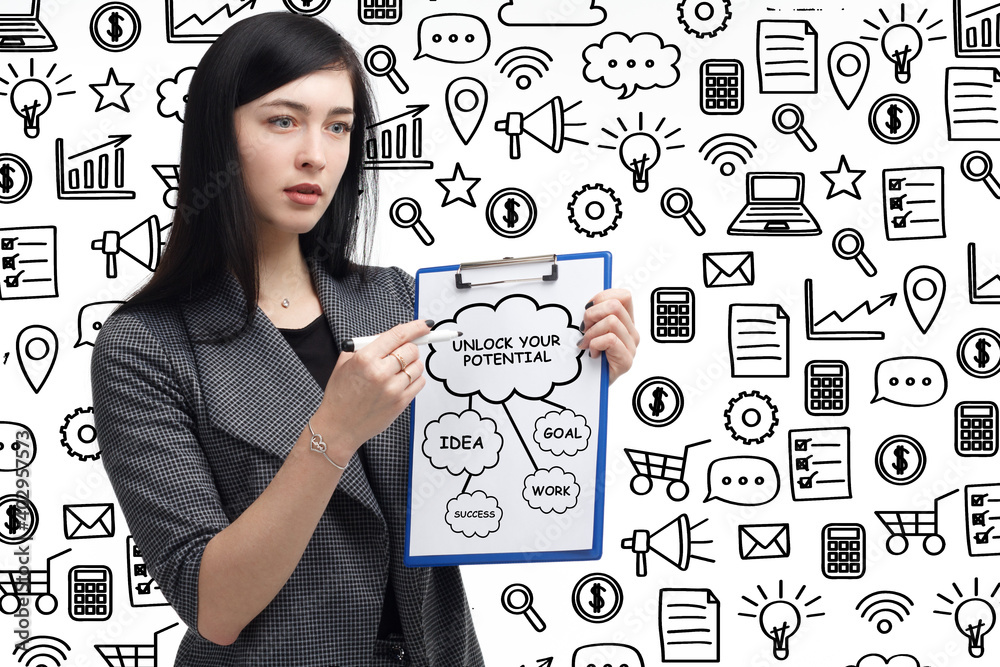 Business, technology, internet and network concept. Young businessman thinks over the steps for successful growth: Unlock your potential Business, technology, internet and network concept. Young businessman thinks over the steps for successful growth: Unlock your potential