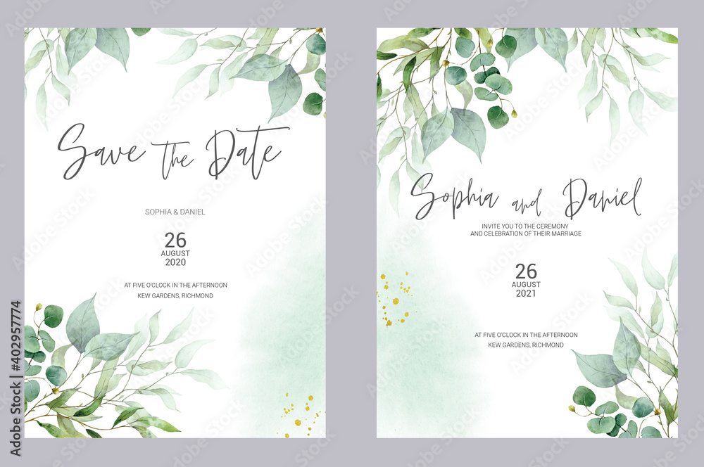 Watercolor wedding invitation cards. Greenery poster, invite. Elegant wedding invitation with watercolor green and gold floral elements.
