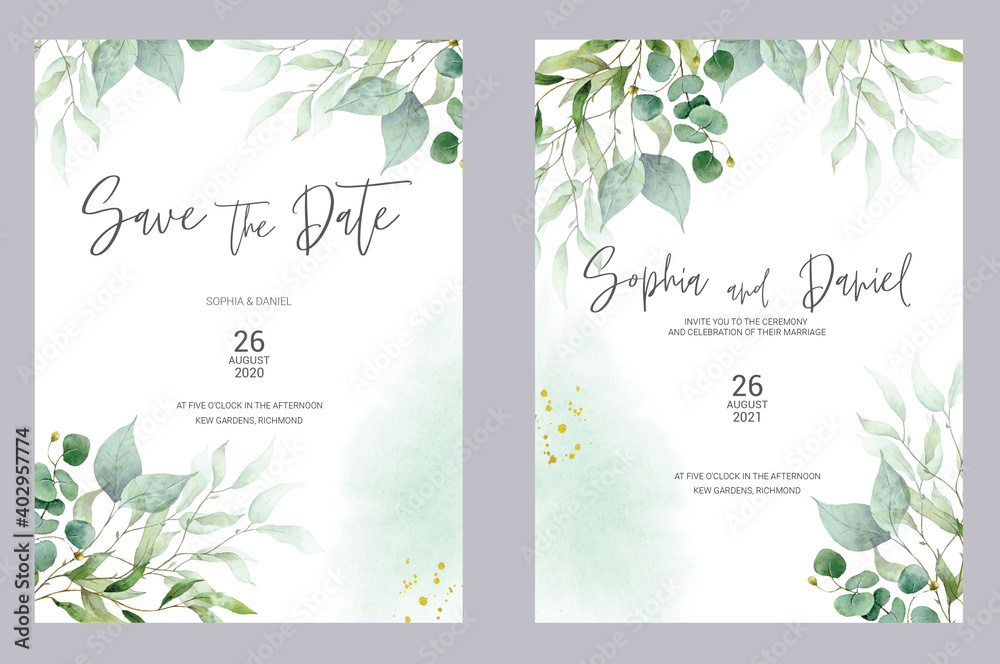 Watercolor wedding invitation cards. Greenery poster, invite. Elegant