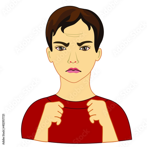 emoticon with a cool angry man with a warped mouth and threatens with two fists, vector clip art on white isolated background
