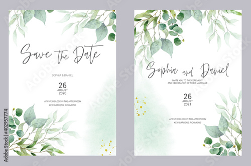 Watercolor wedding invitation cards. Greenery poster  invite. Elegant wedding invitation with watercolor green and gold floral elements.