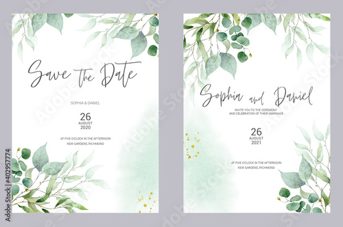 Watercolor wedding invitation cards. Greenery poster, invite. Elegant wedding invitation with watercolor green and gold floral elements.