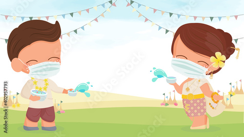 happy young couple wear face mask enjoy Songkran Thai water new year festival in traditional dress eps10 vectors illustration