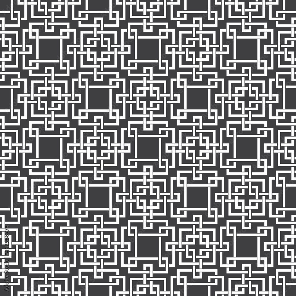 Abstract seamless pattern of intersecting rectangles and crosses. Swatch of white lines on a black background. Abstract seamless pattern of intersecting rectangles and crosses. Swatch of white lines on a black background.