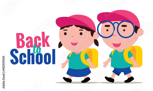 Cute school kids back to school. Boy and girl wear school uniforms and back to school happily. 