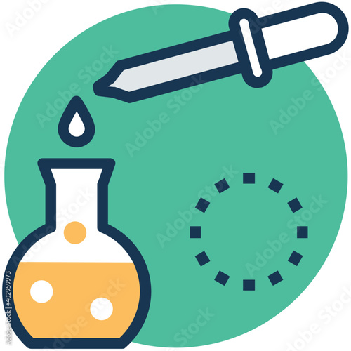 Dropper pouring liquid into erlenmeyer flask in lab, flat vector icon 