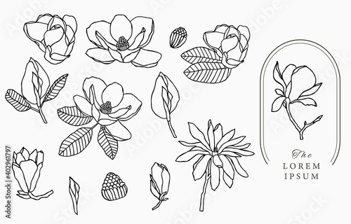 Line flower collection with magnolia.Vector illustration for icon,sticker,printable and tattoo
