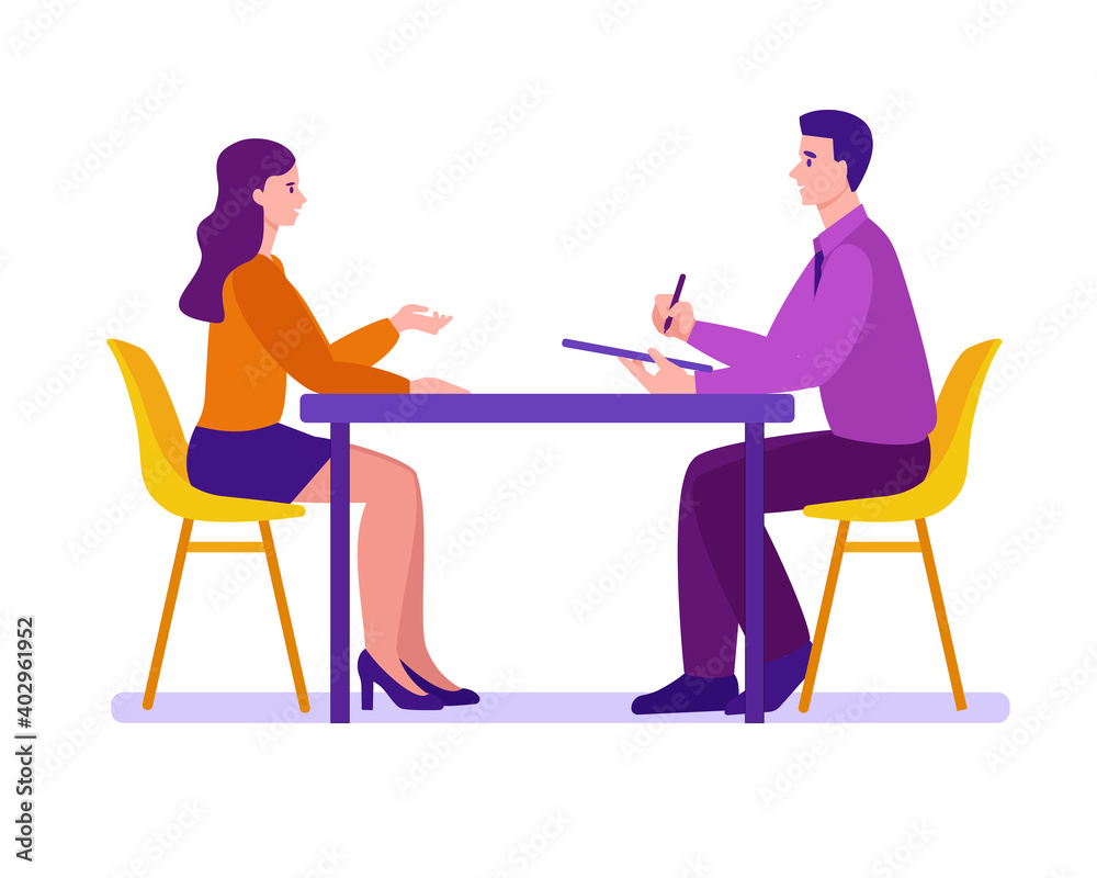Young man and woman are interviewed at the table. Employment process, candidate selection, journalistic interview. Vector concept in flat cartoon style. Isolated on white background.