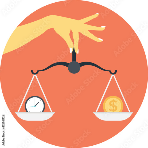Scale weighing money and time. Time is money concept, illustration in flat design