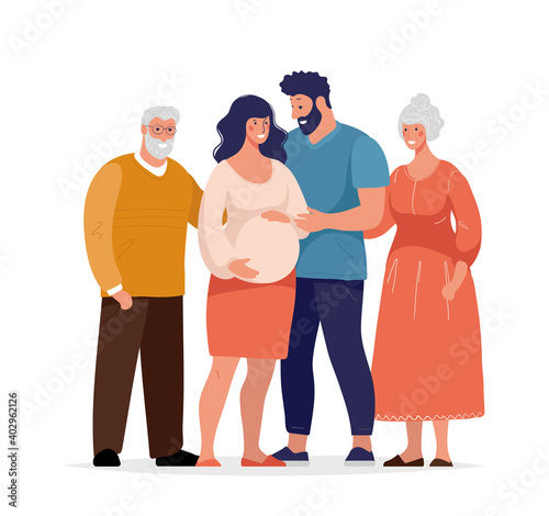 Big happy family, several generations, grandparents, a pregnant woman with her husband. Flat vector illustration isolated on white background