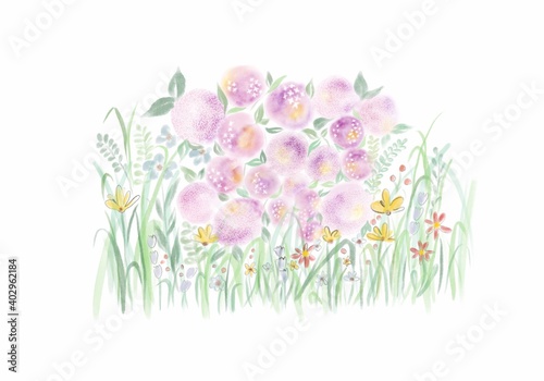 Fototapeta Naklejka Na Ścianę i Meble -  spring flowers and grass watercolor style for greeting card,banner,backdrop and wallpaper.