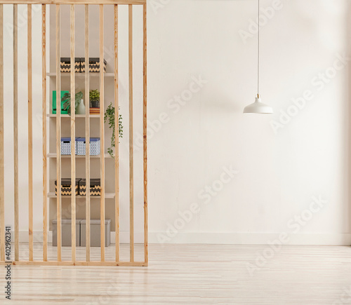 Decorative folding screen wooden style and bookshelf with white lamp style.