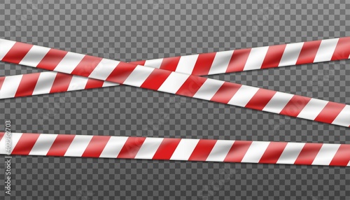 3d realistic vector hazard white and red striped ribbon, caution tape of warning signs for crime scene or construction area.  Isolated on transparent.