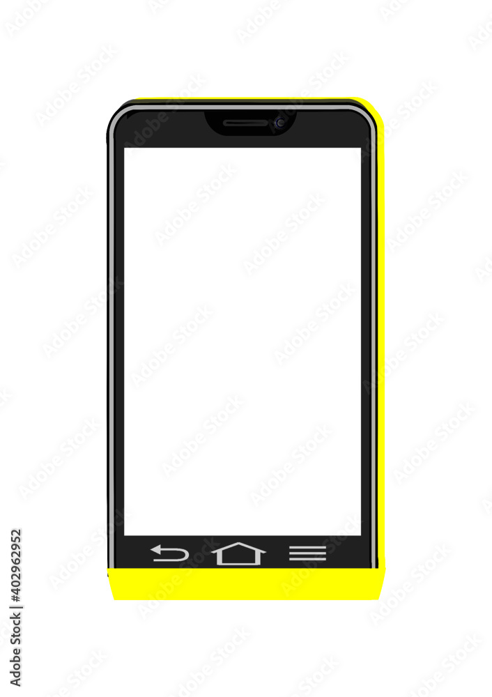 Yellow smartphone computer graphics having white display. Isolated phone illustration on white background. Yellow smartphone computer graphics having white display. Isolated phone illustration on white background.