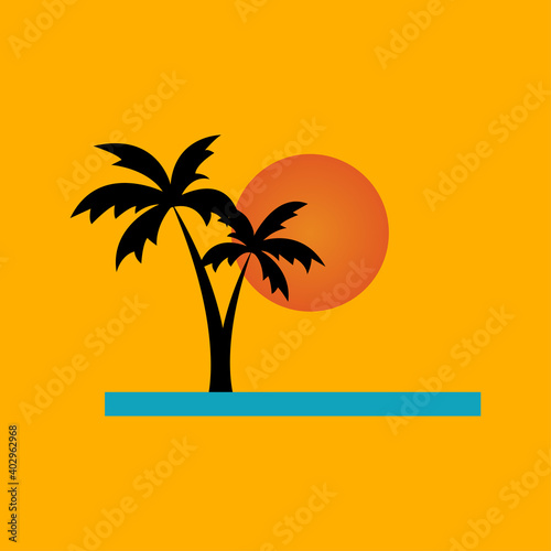 logo and icon of an exotic island, coconut trees are the main object in this logo. Vector logo design template. Concept for travel agencies, tropical resorts, beach hotels, spa. simple and clean