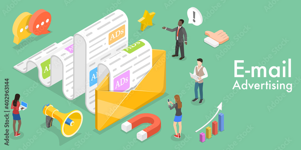 3D Isometric Flat Vector Conceptual Illustration of Mobile Email Marketing and Advertising Campaign, Newsletter and Subscription, Digital Promotion, Sending a AD Message.