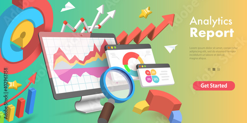 3D Isometric Flat Vector Conceptual Illustration of Analytics Business Report, Financial Audit, Data Analysis.
