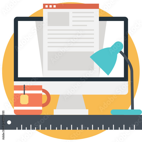 Office desk with cup of tea and desk lamp. Concept of modern or home based office. Flat icon 