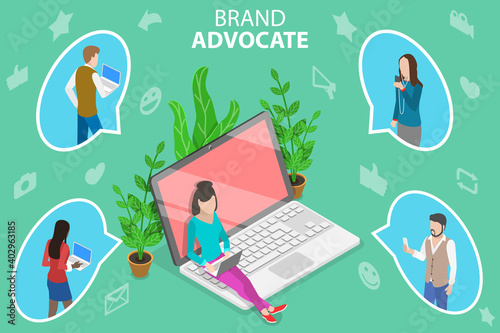 3D Isometric Flat Vector Conceptual Illustration of Brand Advocate, Influencer Marketing Strategy.