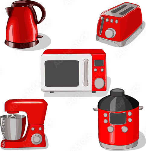 Kitchen equipments in red color, cartoon style vector illustration