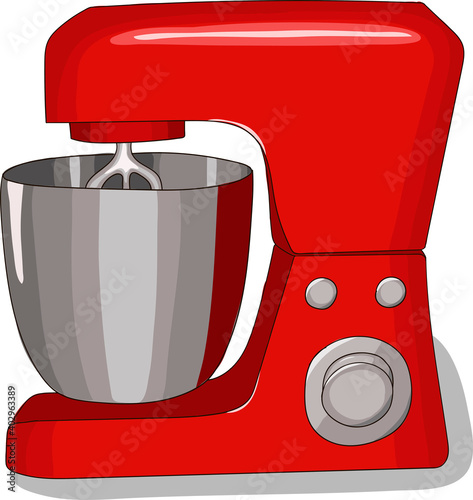 Red stand mixer with metal bowl. Cartoon vector illustration.
