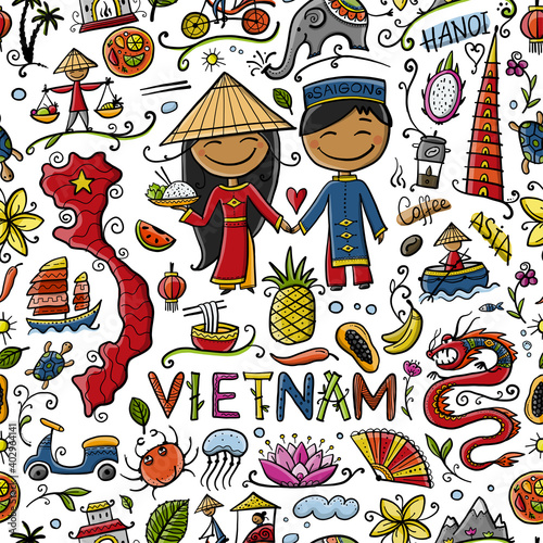 Travel to Vietnam. Seamless pattern with traditional Vietnamese cultural symbols. Vietnamese landmarks and lifestyle of people