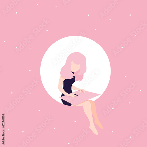 Young girl drawing picture. Pink sky