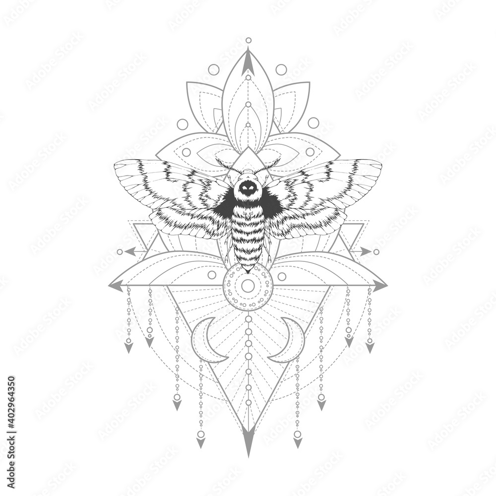 Vector illustration with hand drawn dead head moth and Sacred geometric symbol on white background. Abstract mystic sign. Black linear shape. Vector illustration with hand drawn dead head moth and Sacred geometric symbol on white background. Abstract mystic sign. Black linear shape.