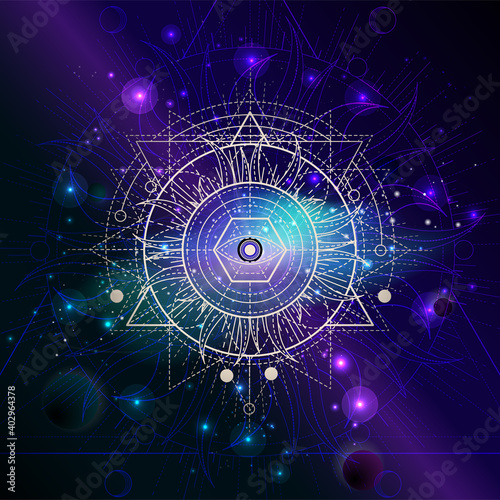 Vector illustration of Sacred geometric symbol against the space background with galaxy and stars. Mystic sign drawn in lines. Image in blue and purple color.
